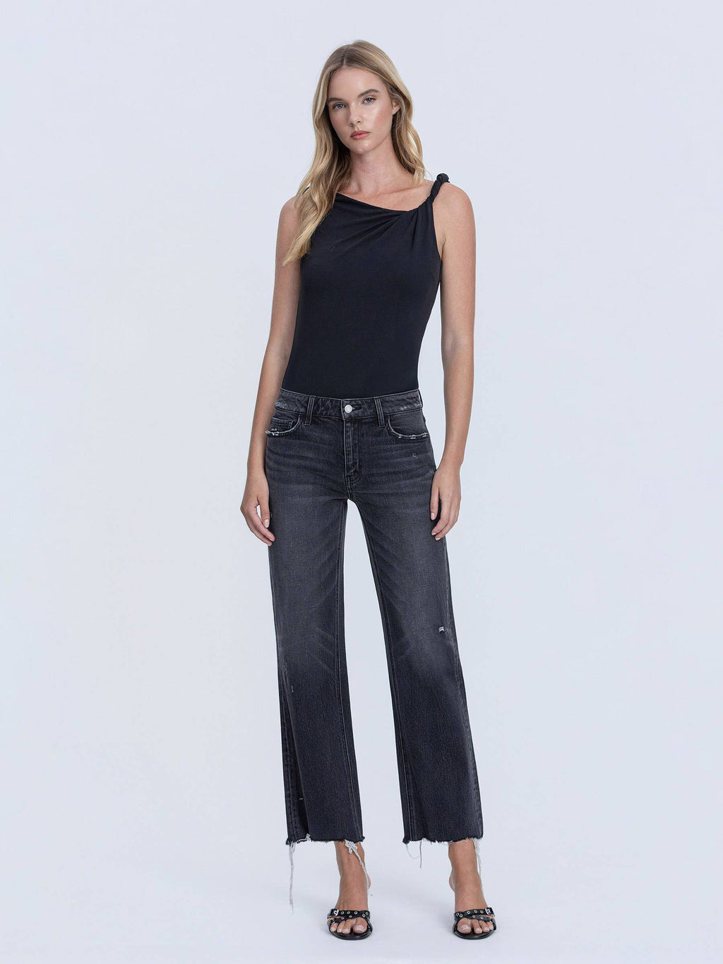 MID RISE RAW DISTRESSED HEM BLACK SLIM WIDE JEANS T7302BK
