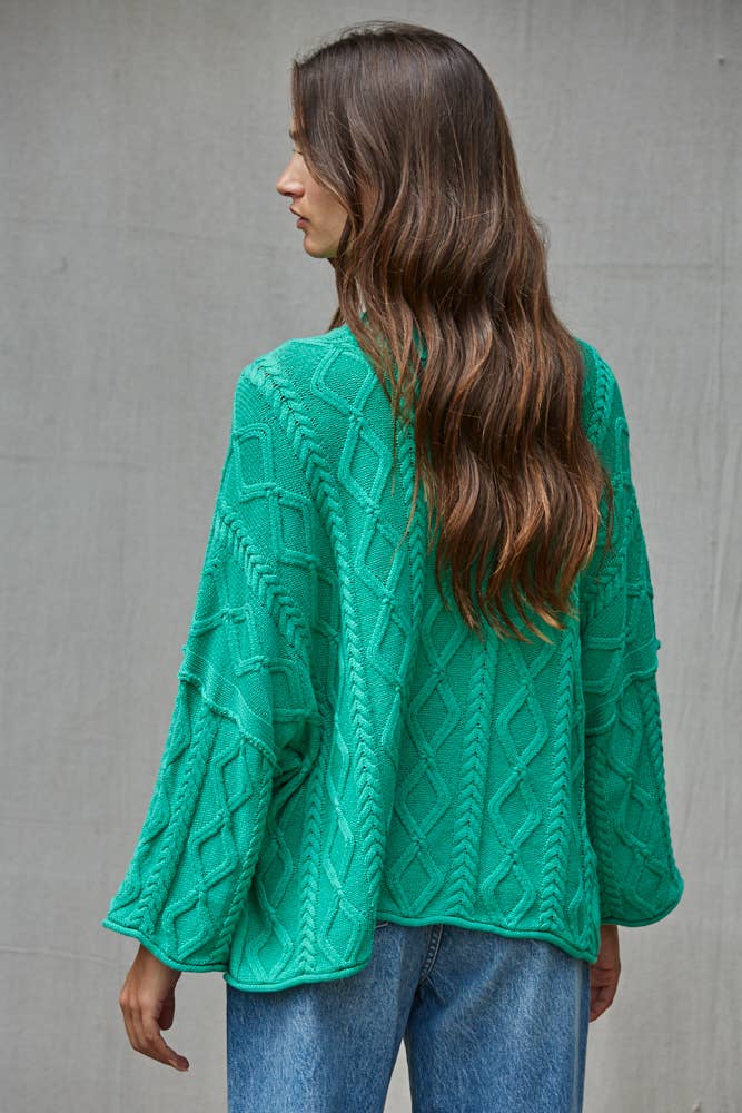 W2280 | Knit Cable Sweater Cotton 3/4 Sleeve Pullover