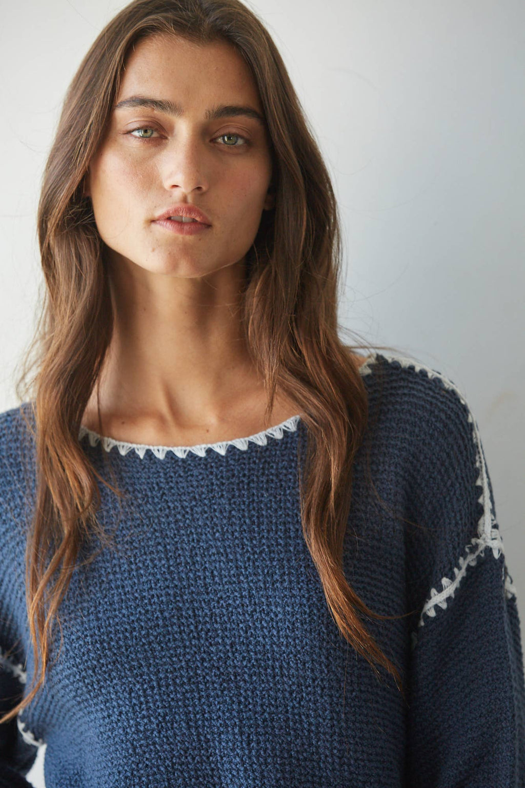 W2516 | Knit Sweater Cotton Viscose Stitch Detail Pullover