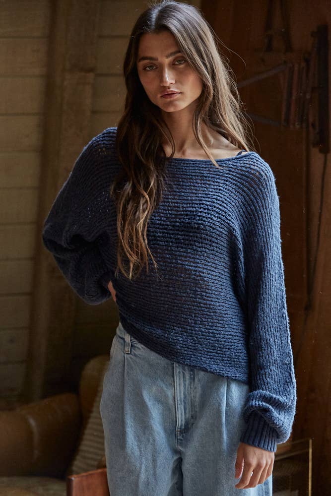 W1106 | Sweater Knit Crochet Round Neck Long Sleeve Top