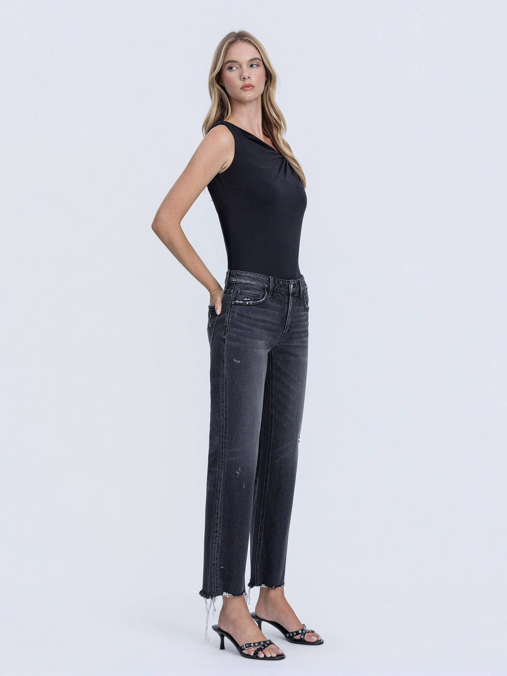 MID RISE RAW DISTRESSED HEM BLACK SLIM WIDE JEANS T7302BK