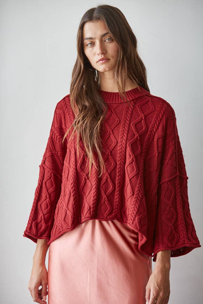 W2280 | Knit Cable Sweater Cotton 3/4 Sleeve Pullover