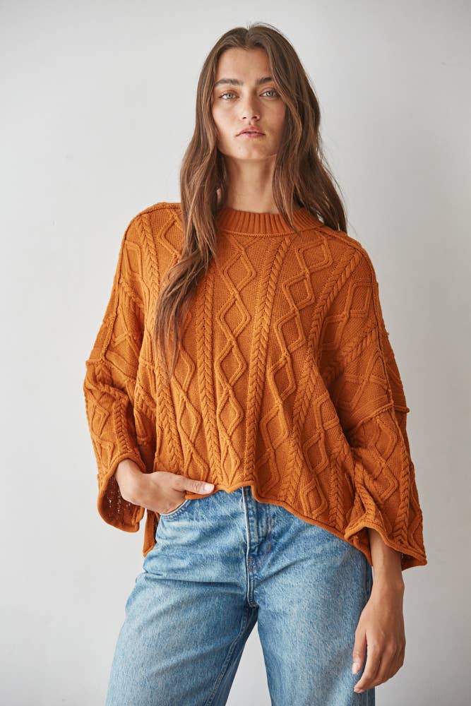 W2280 | Knit Cable Sweater Cotton 3/4 Sleeve Pullover
