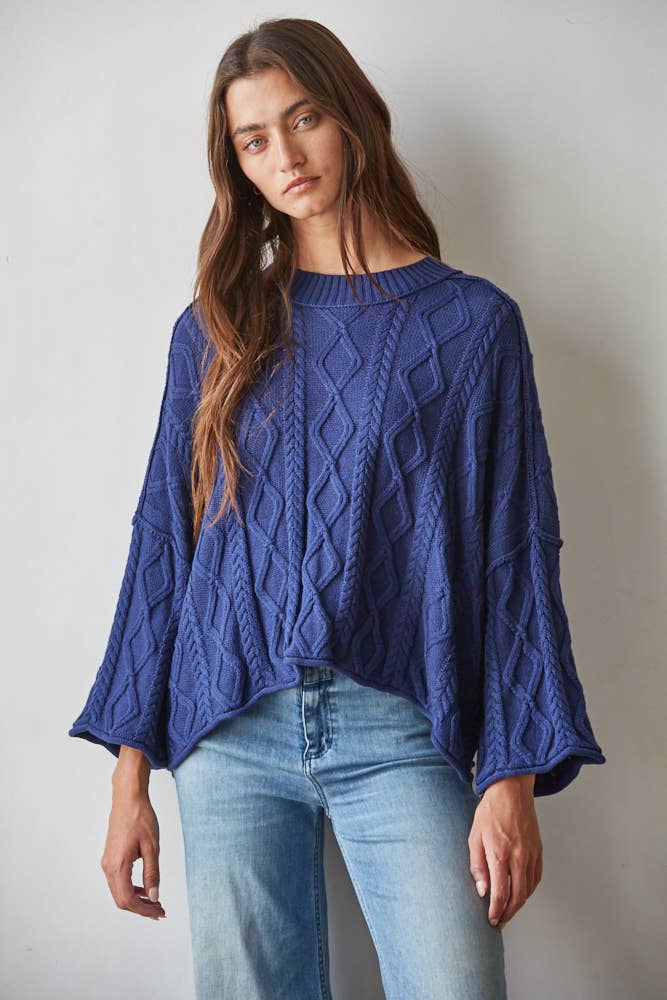 W2280 | Knit Cable Sweater Cotton 3/4 Sleeve Pullover
