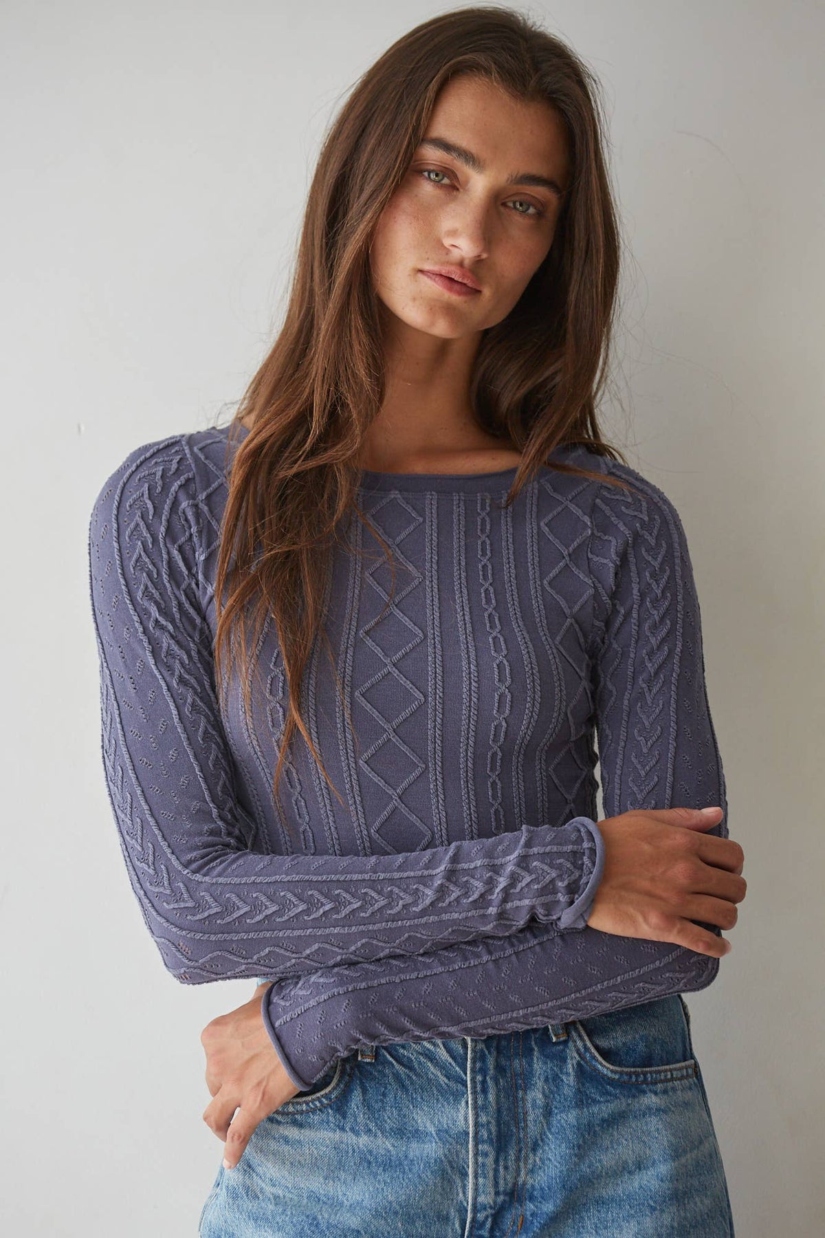 S1327 | Knit Seamless Round Neck Long Sleeve Jacquard Top