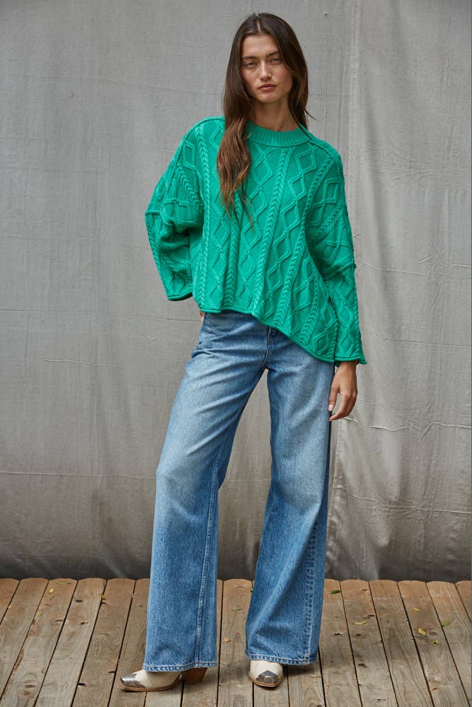 W2280 | Knit Cable Sweater Cotton 3/4 Sleeve Pullover