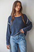 W2516 | Knit Sweater Cotton Viscose Stitch Detail Pullover