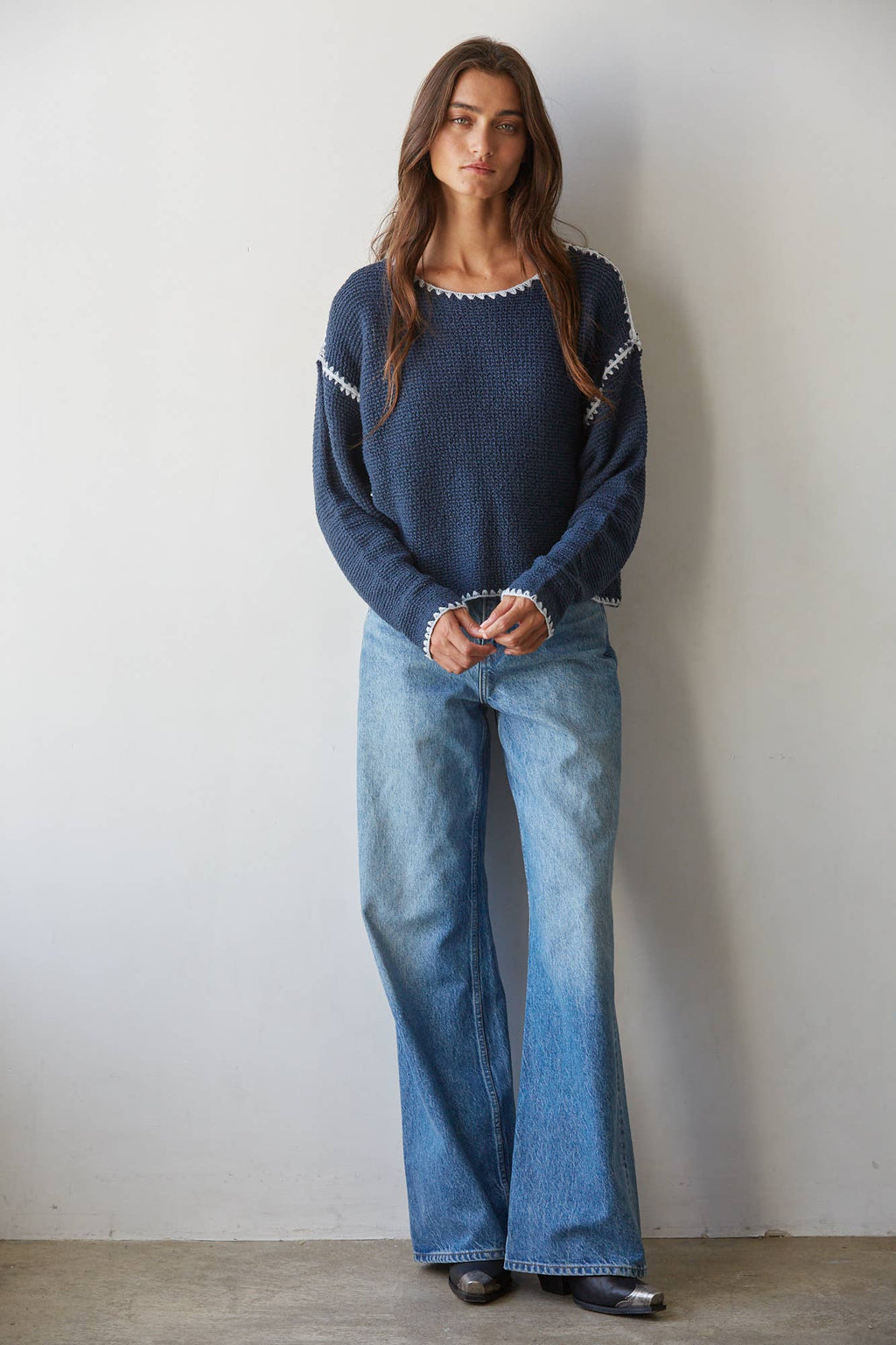 W2516 | Knit Sweater Cotton Viscose Stitch Detail Pullover