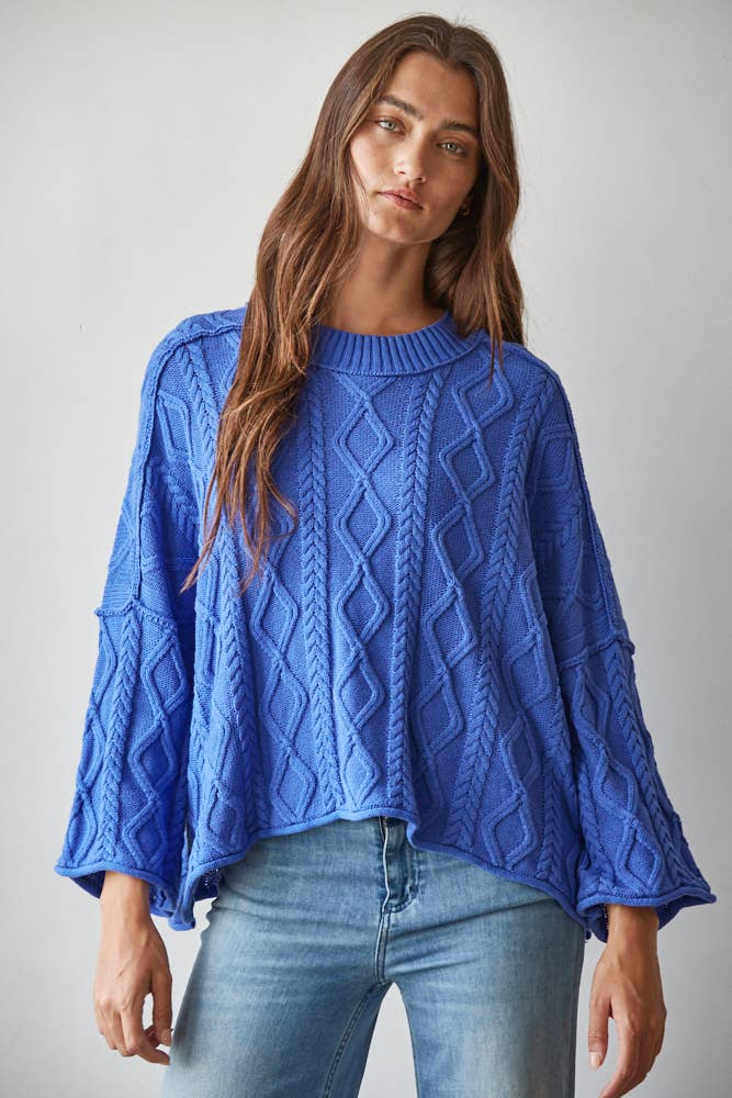 W2280 | Knit Cable Sweater Cotton 3/4 Sleeve Pullover