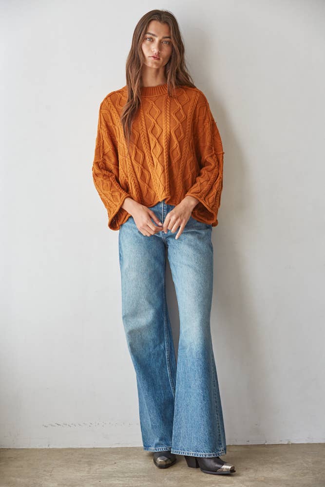 W2280 | Knit Cable Sweater Cotton 3/4 Sleeve Pullover