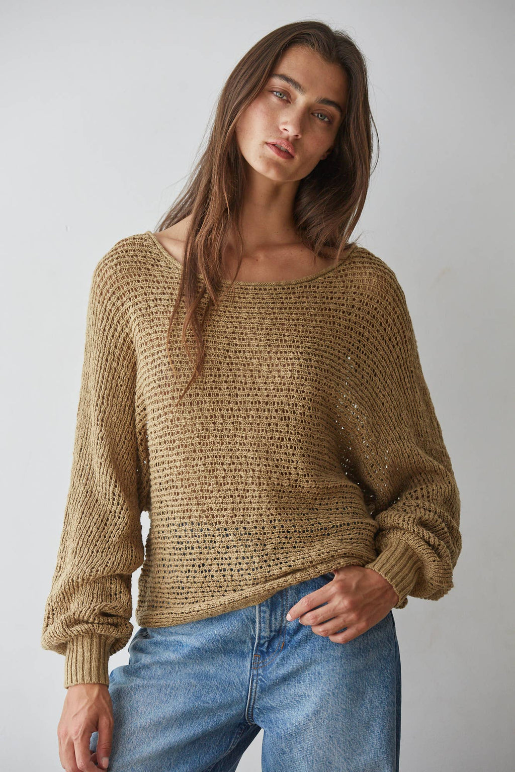 W1106 | Sweater Knit Crochet Round Neck Long Sleeve Top