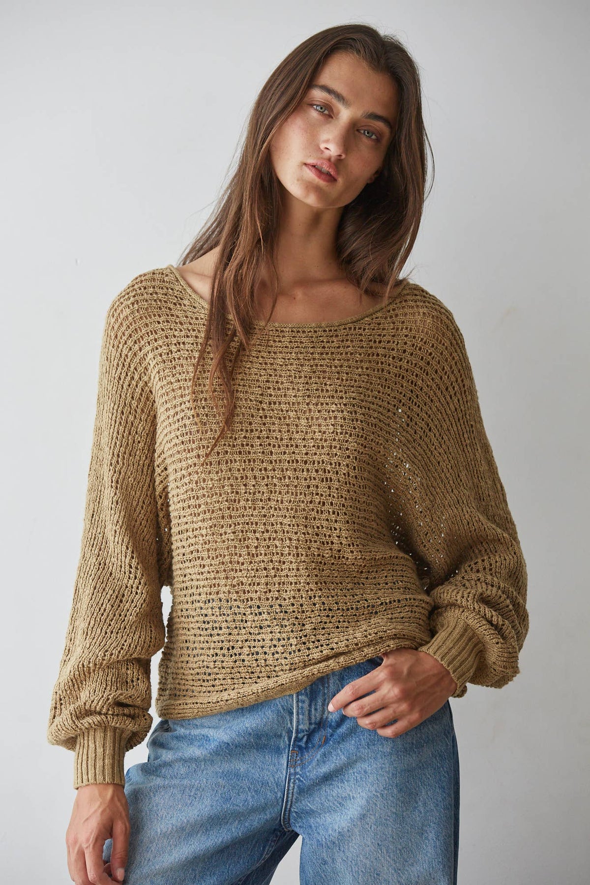 W1106 | Sweater Knit Crochet Round Neck Long Sleeve Top
