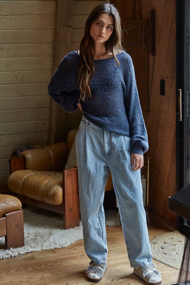 W1106 | Sweater Knit Crochet Round Neck Long Sleeve Top