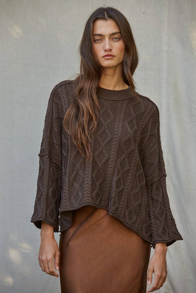 W2280 | Knit Cable Sweater Cotton 3/4 Sleeve Pullover