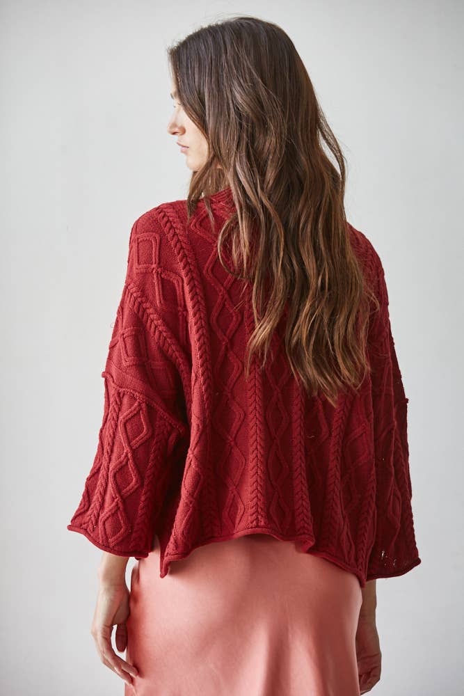 W2280 | Knit Cable Sweater Cotton 3/4 Sleeve Pullover