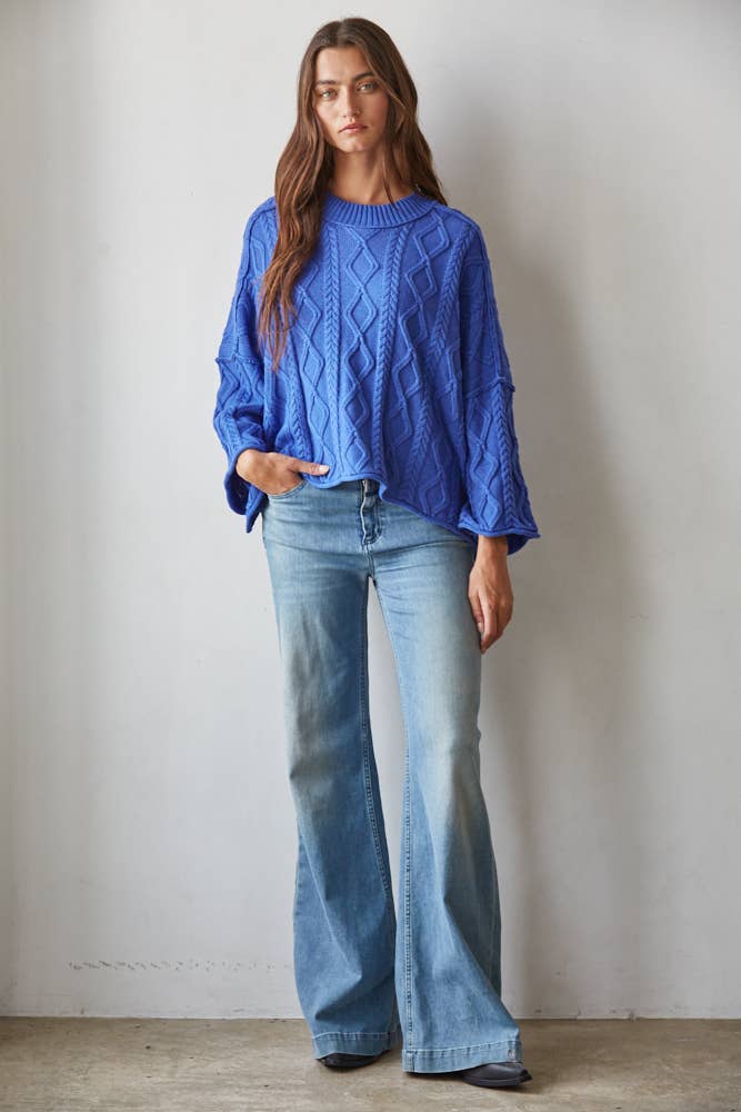 W2280 | Knit Cable Sweater Cotton 3/4 Sleeve Pullover