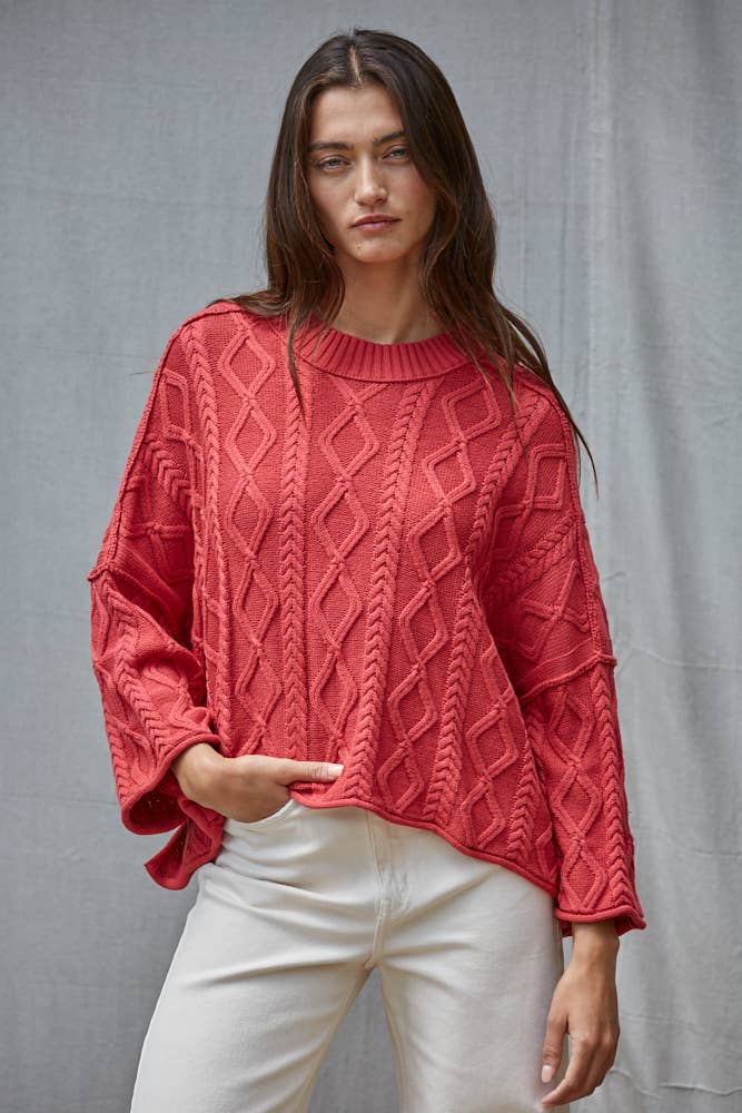 W2280 | Knit Cable Sweater Cotton 3/4 Sleeve Pullover