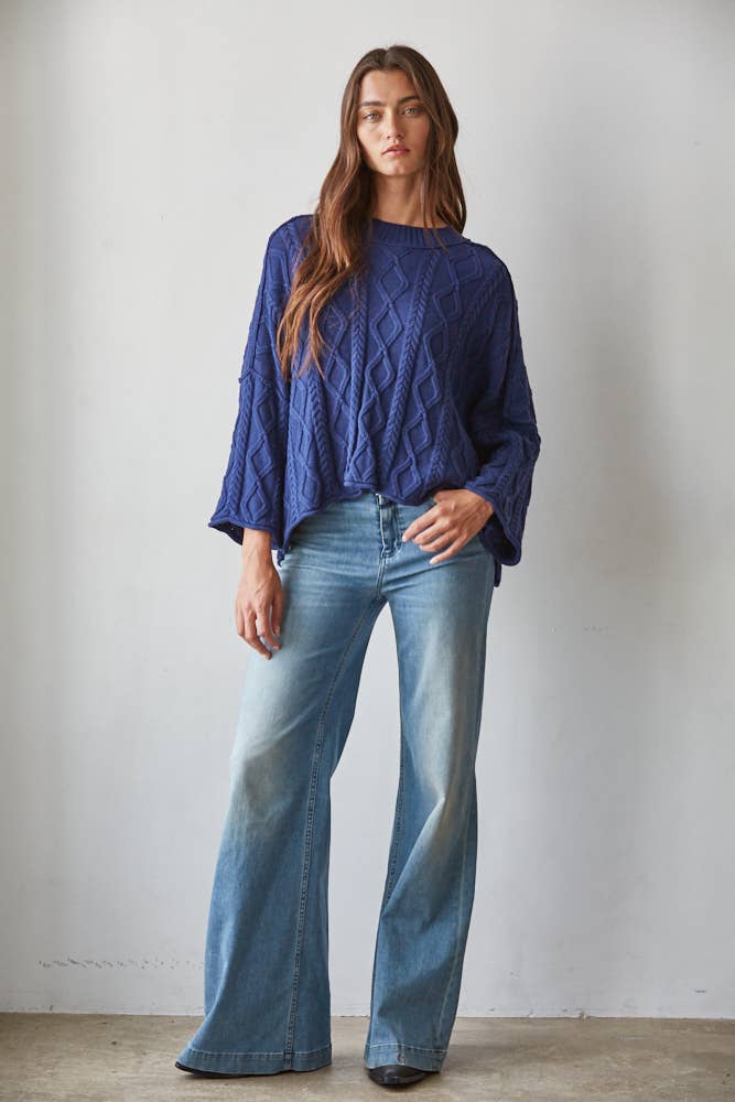 W2280 | Knit Cable Sweater Cotton 3/4 Sleeve Pullover