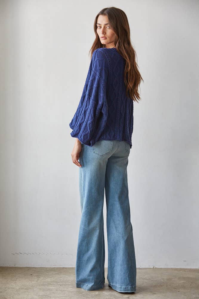 W2280 | Knit Cable Sweater Cotton 3/4 Sleeve Pullover
