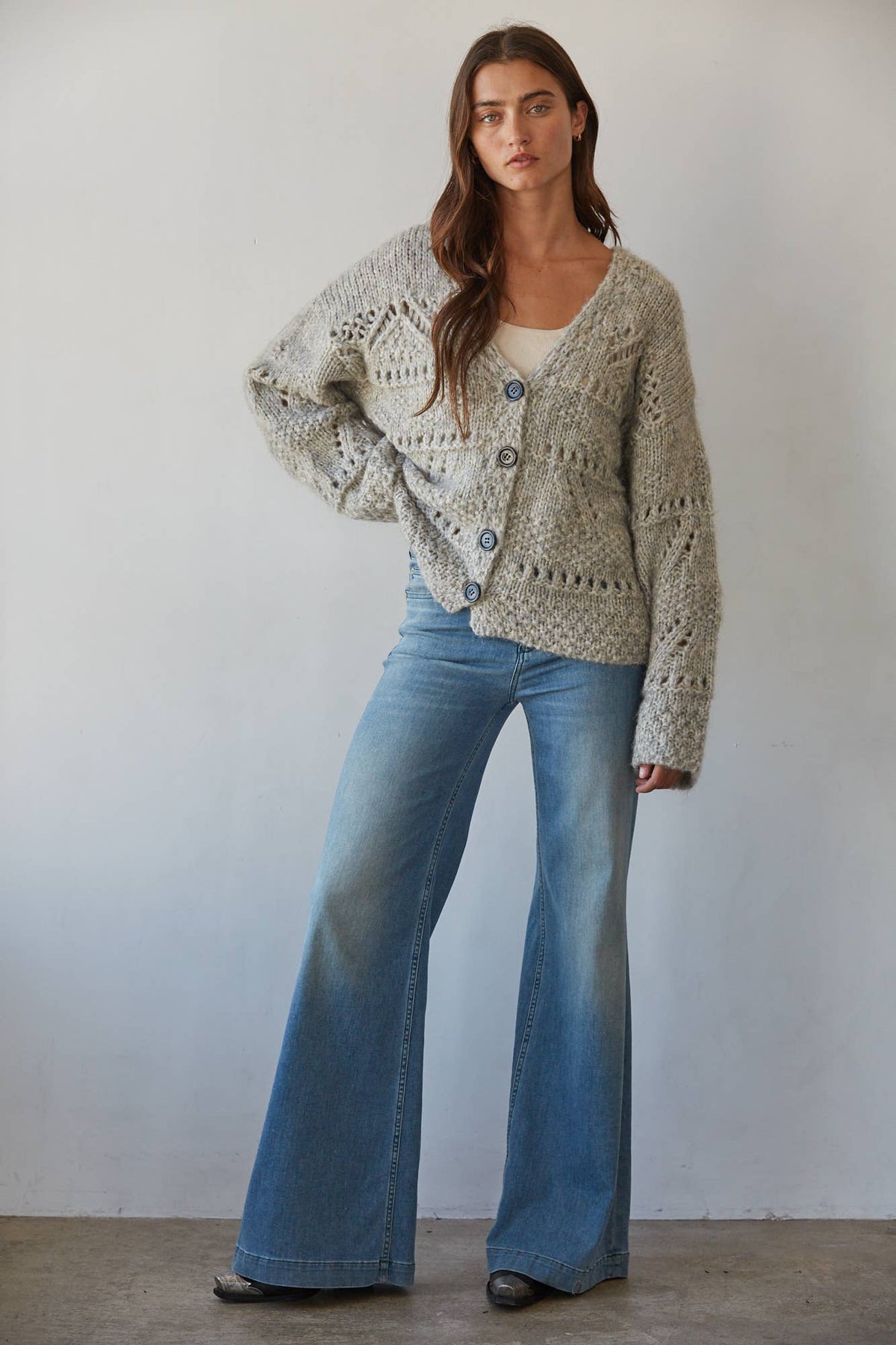 W2624 | Knit Sweater Buttondown Long Sleeve Crochet Cardigan