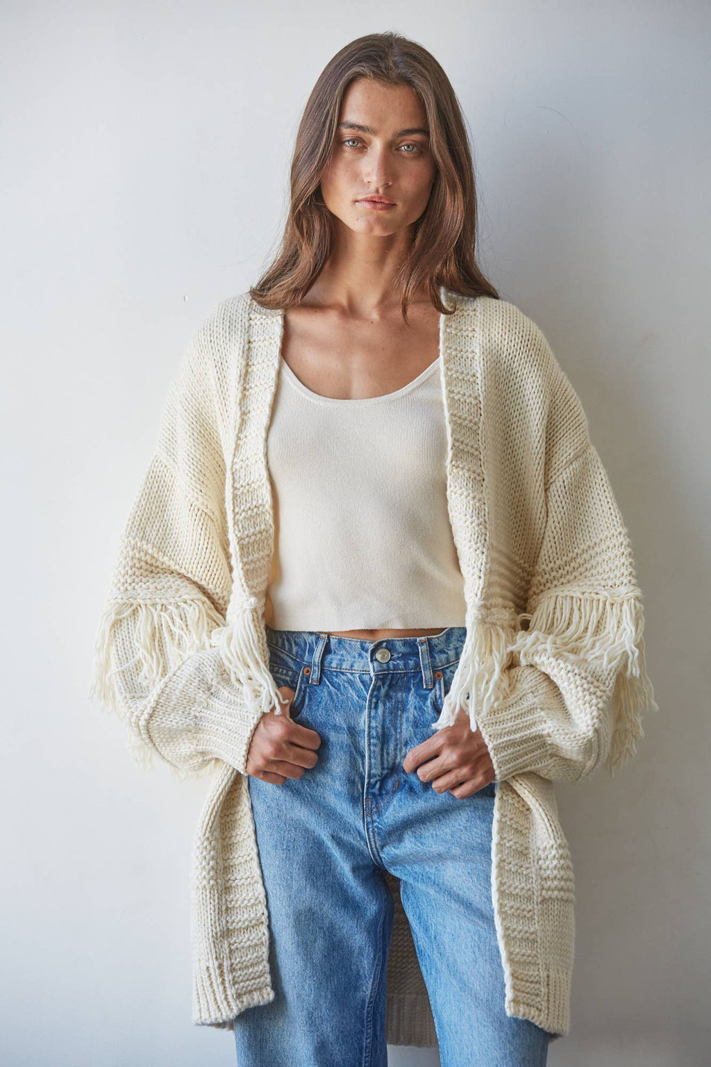 W2792 | Knit Sweater Acrylic Open Front Long Sleeve Cardigan