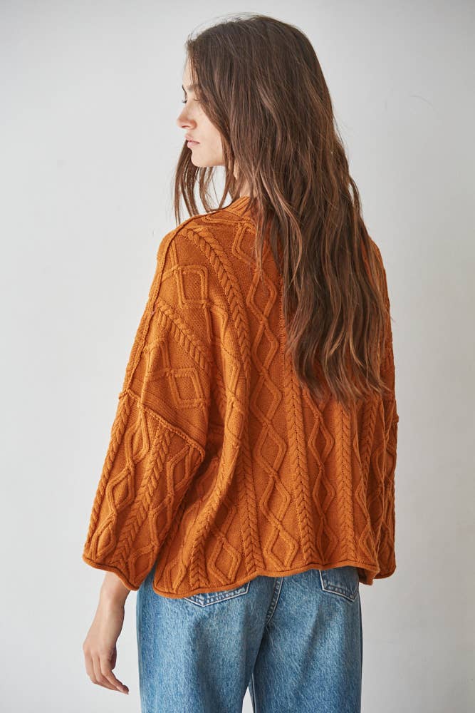 W2280 | Knit Cable Sweater Cotton 3/4 Sleeve Pullover