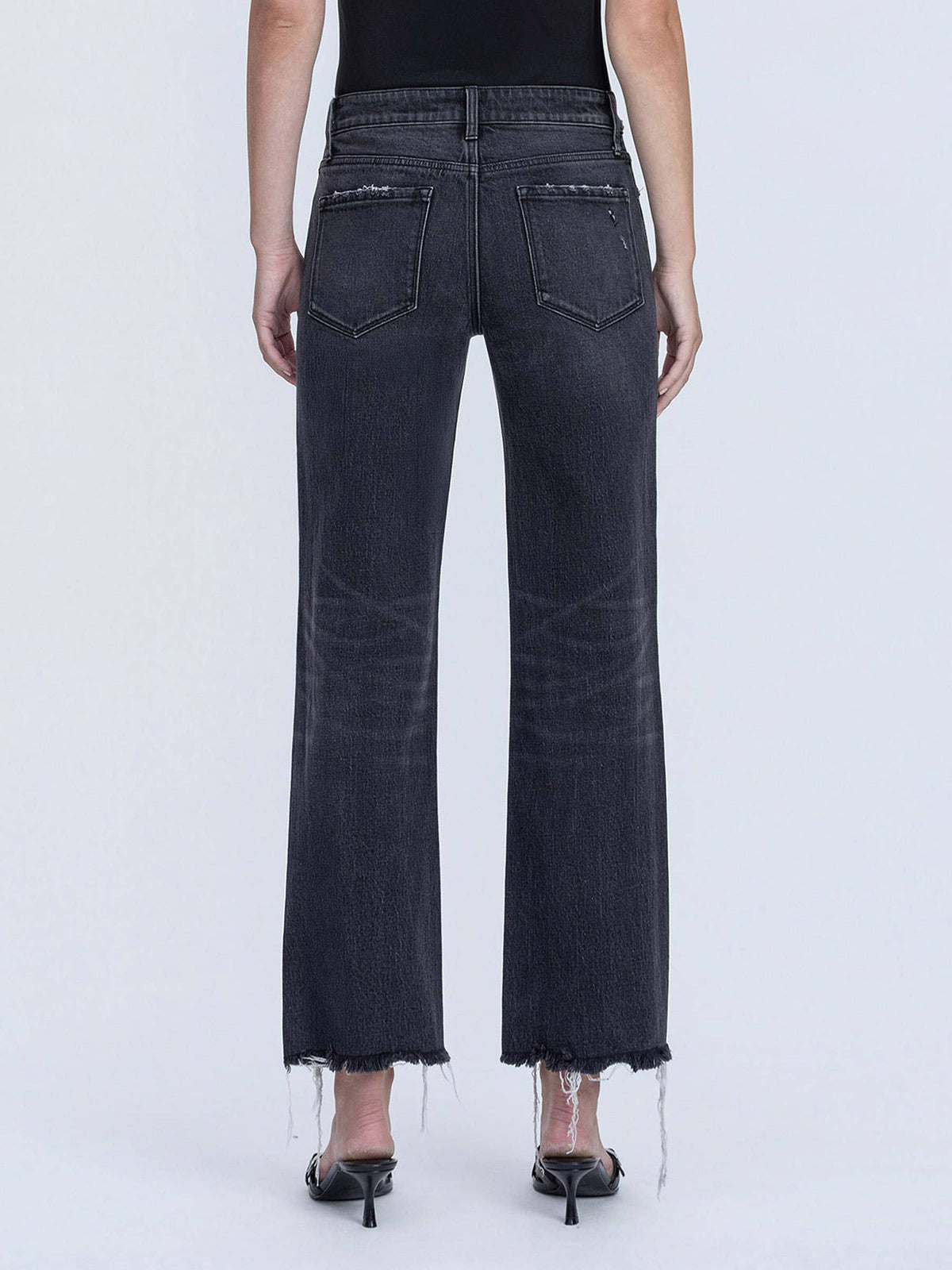 MID RISE RAW DISTRESSED HEM BLACK SLIM WIDE JEANS T7302BK