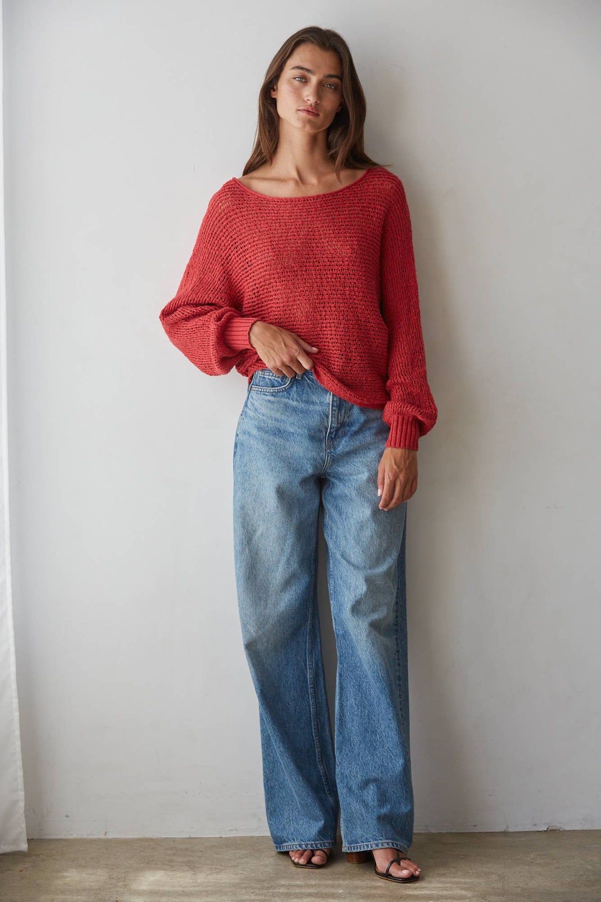 W1106 | Sweater Knit Crochet Round Neck Long Sleeve Top