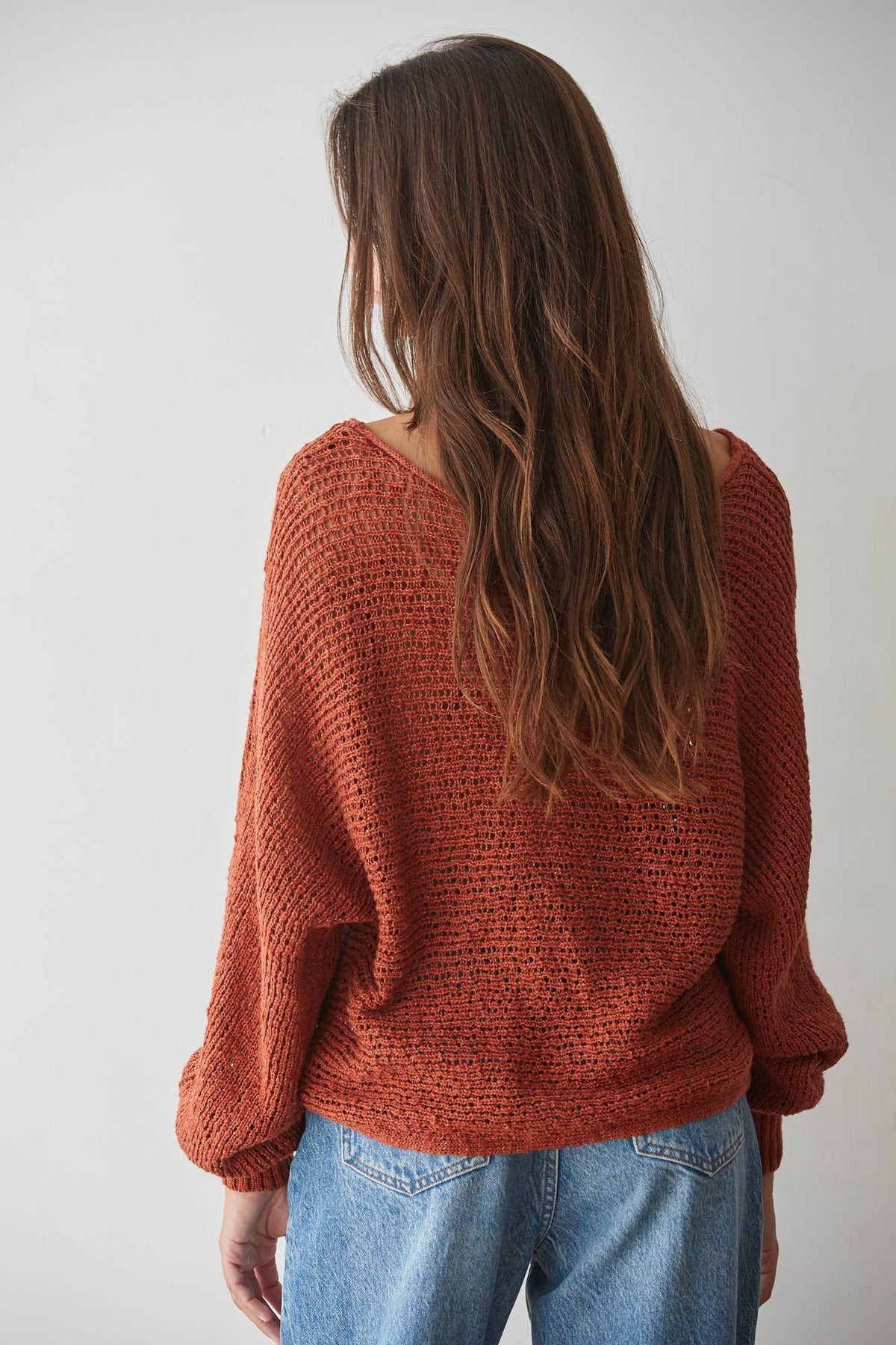 W1106 | Sweater Knit Crochet Round Neck Long Sleeve Top