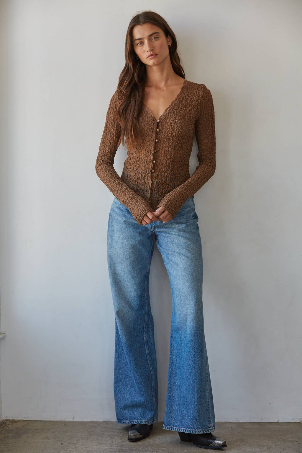 L9846 | Woven Cotton Nylon Spandex Lace Button Down Top