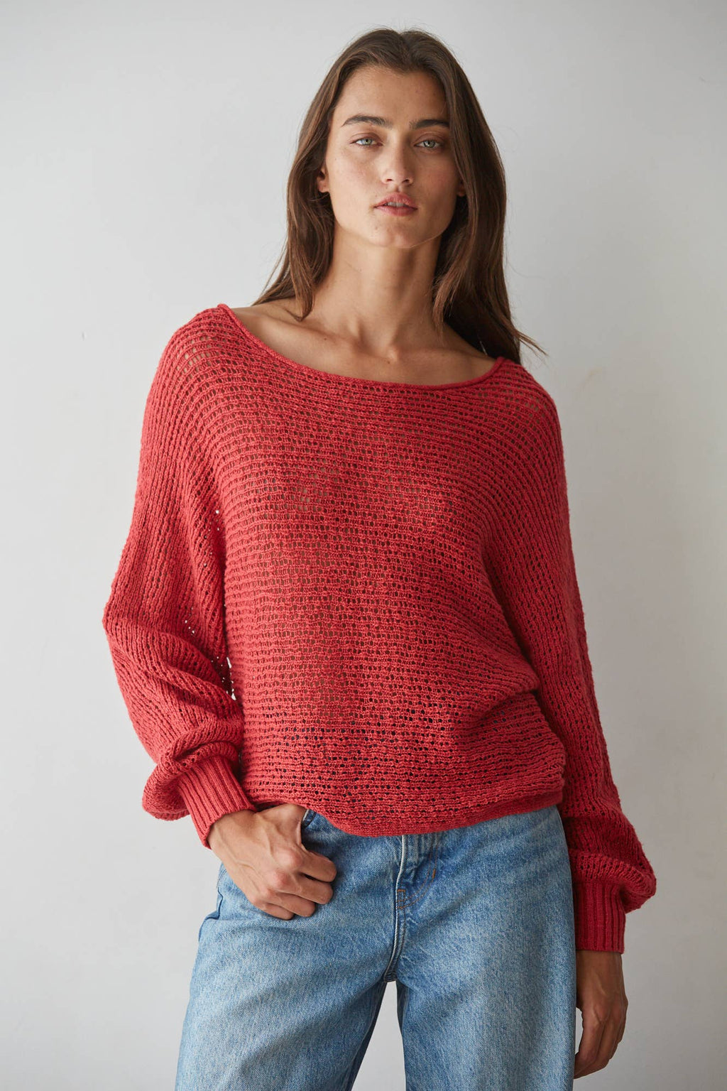 W1106 | Sweater Knit Crochet Round Neck Long Sleeve Top