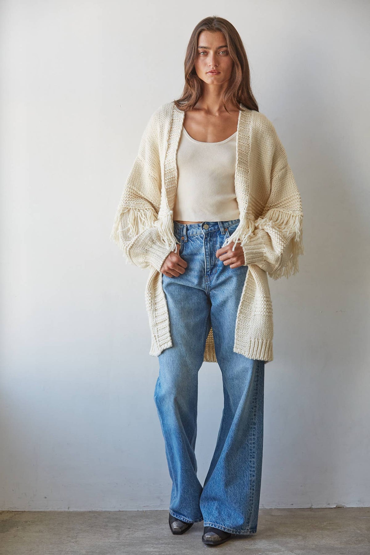 W2792 | Knit Sweater Acrylic Open Front Long Sleeve Cardigan