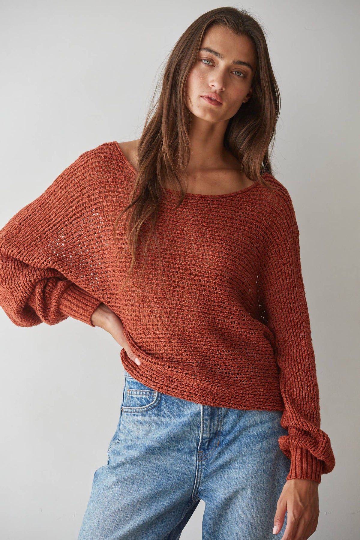 W1106 | Sweater Knit Crochet Round Neck Long Sleeve Top