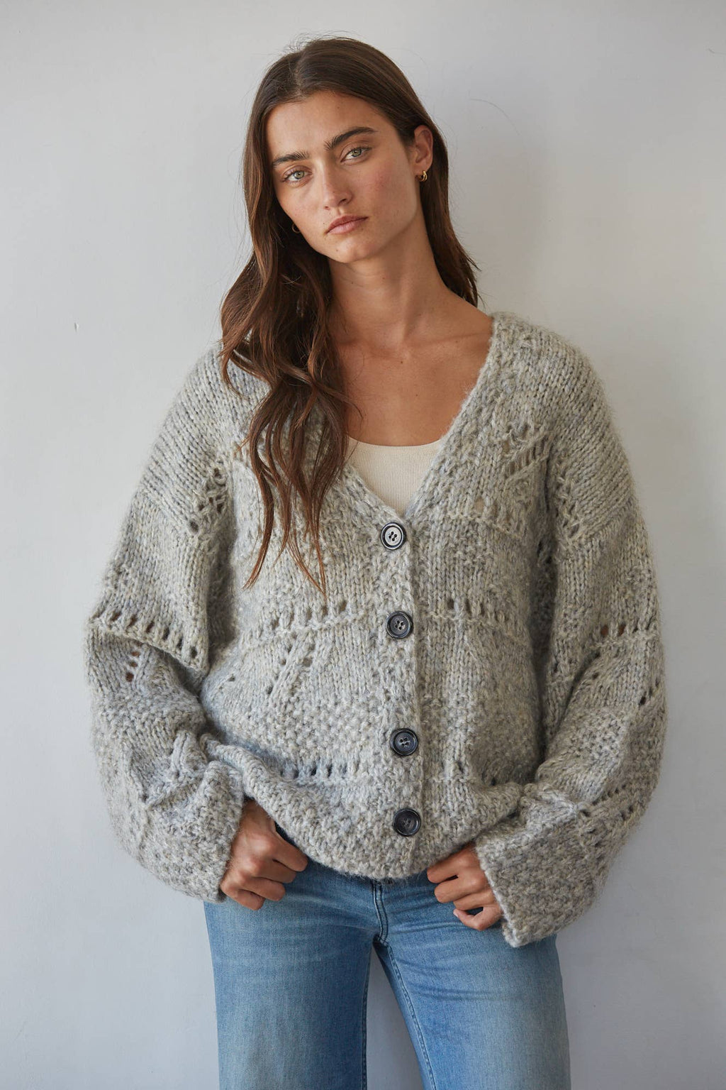W2624 | Knit Sweater Buttondown Long Sleeve Crochet Cardigan