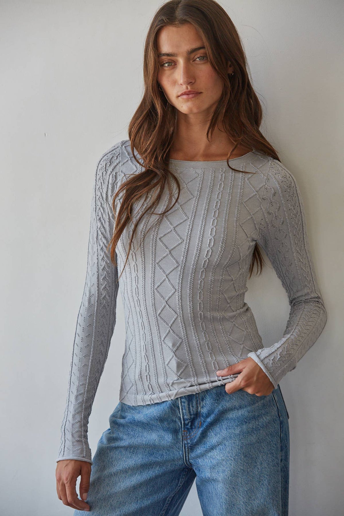 S1327 | Knit Seamless Round Neck Long Sleeve Jacquard Top