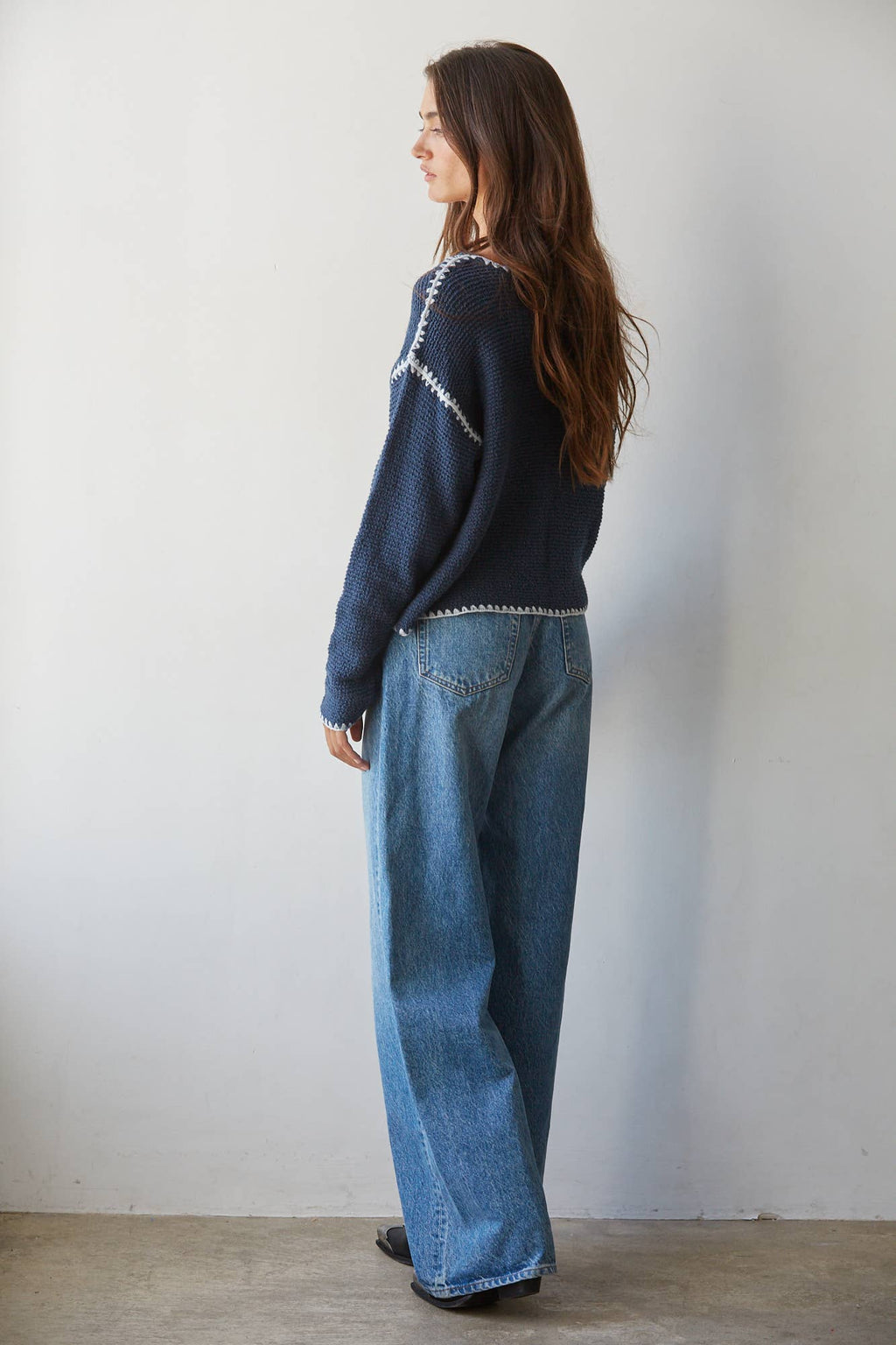 W2516 | Knit Sweater Cotton Viscose Stitch Detail Pullover