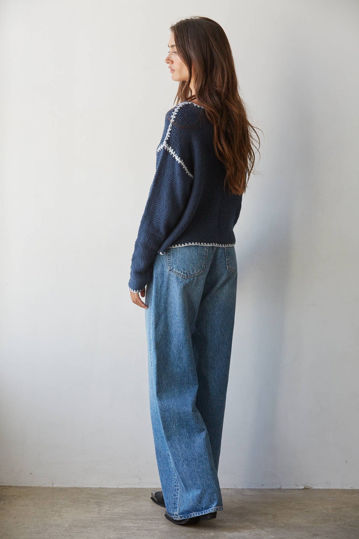 W2516 | Knit Sweater Cotton Viscose Stitch Detail Pullover