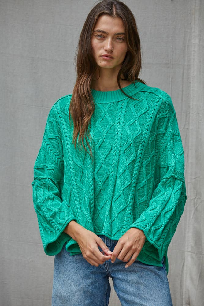W2280 | Knit Cable Sweater Cotton 3/4 Sleeve Pullover