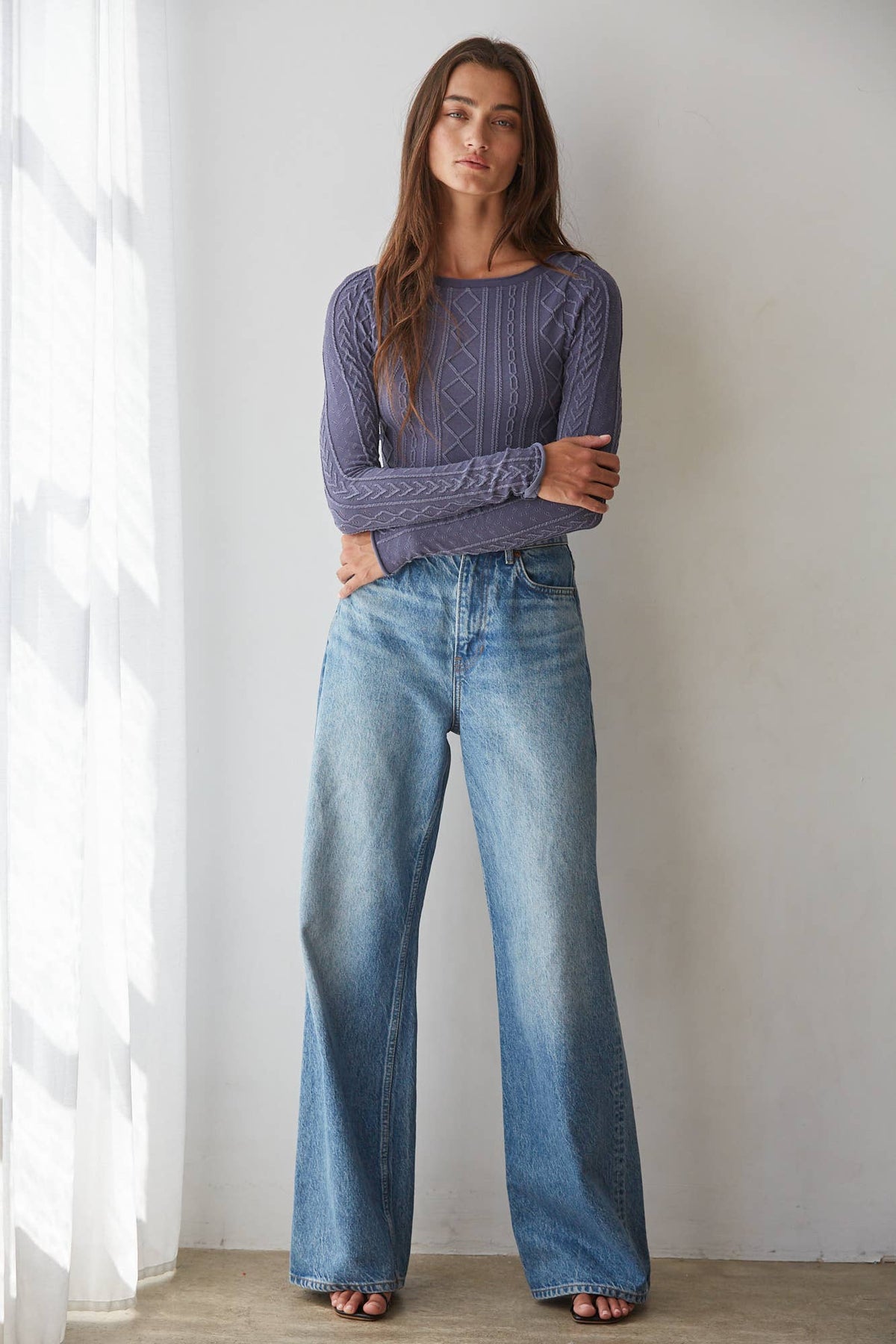 S1327 | Knit Seamless Round Neck Long Sleeve Jacquard Top