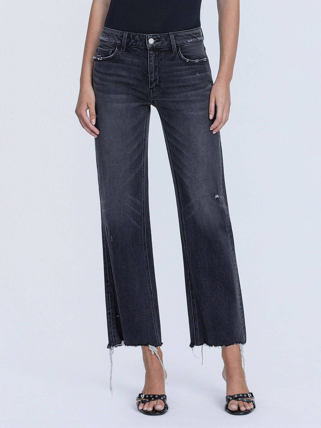 MID RISE RAW DISTRESSED HEM BLACK SLIM WIDE JEANS T7302BK