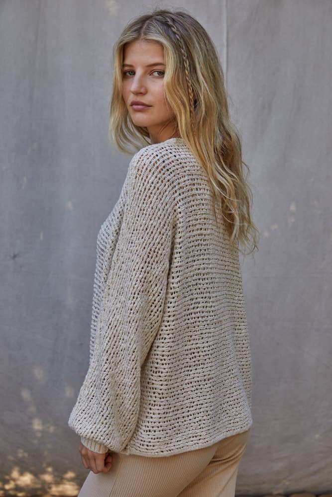W1106 | Sweater Knit Crochet Round Neck Long Sleeve Top