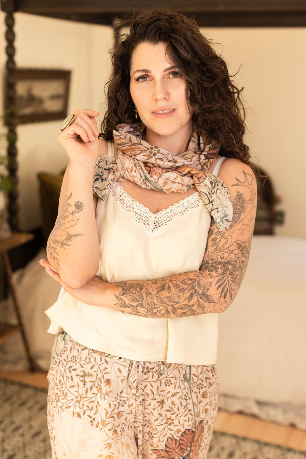 Folklore Floral Scarf with Bird of Peace