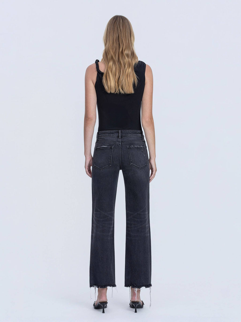 MID RISE RAW DISTRESSED HEM BLACK SLIM WIDE JEANS T7302BK