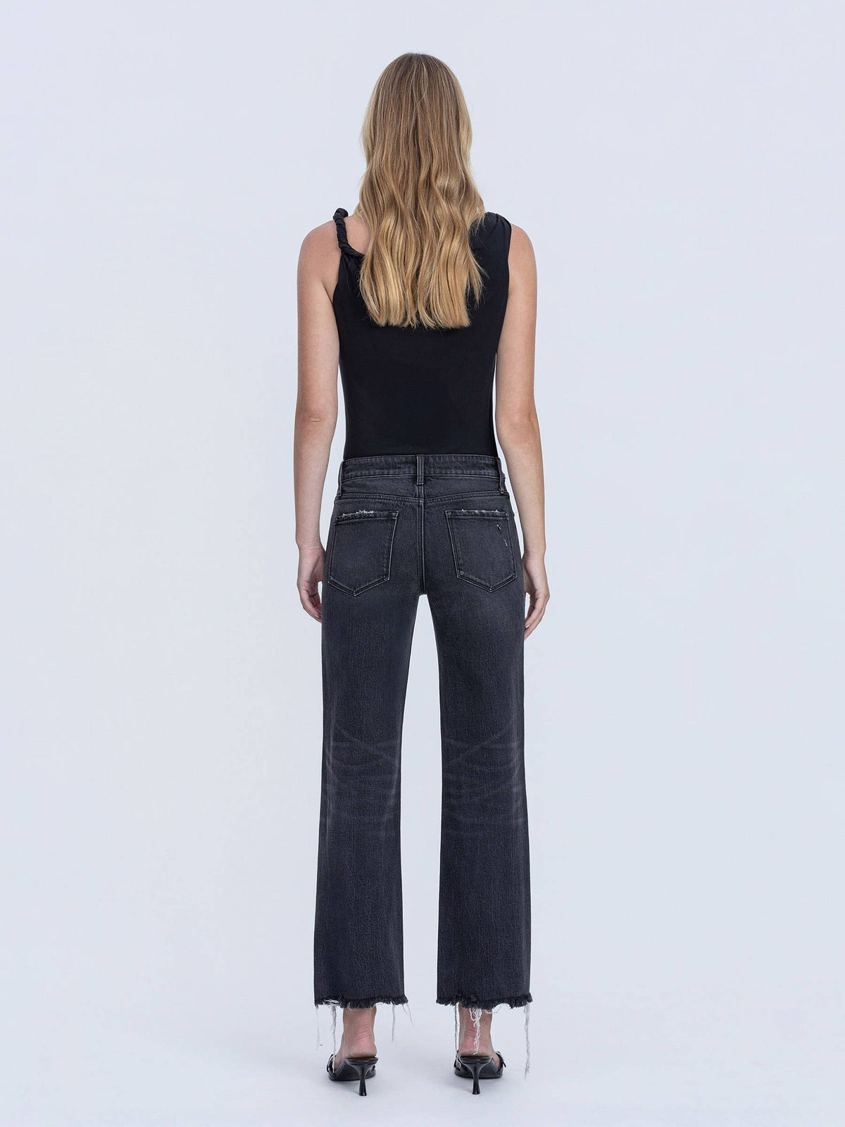 MID RISE RAW DISTRESSED HEM BLACK SLIM WIDE JEANS T7302BK