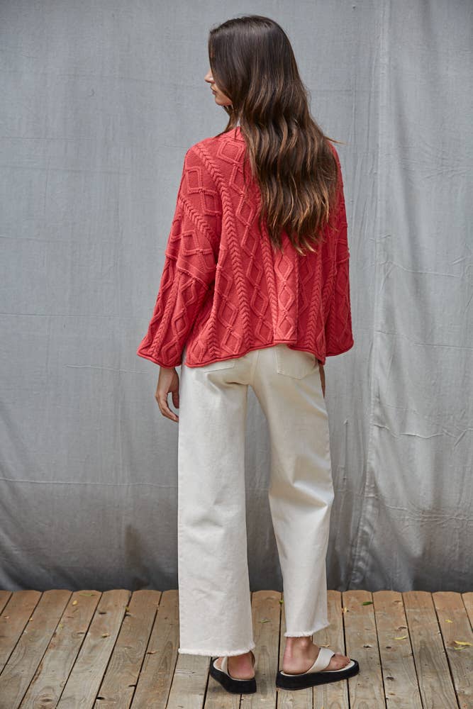 W2280 | Knit Cable Sweater Cotton 3/4 Sleeve Pullover