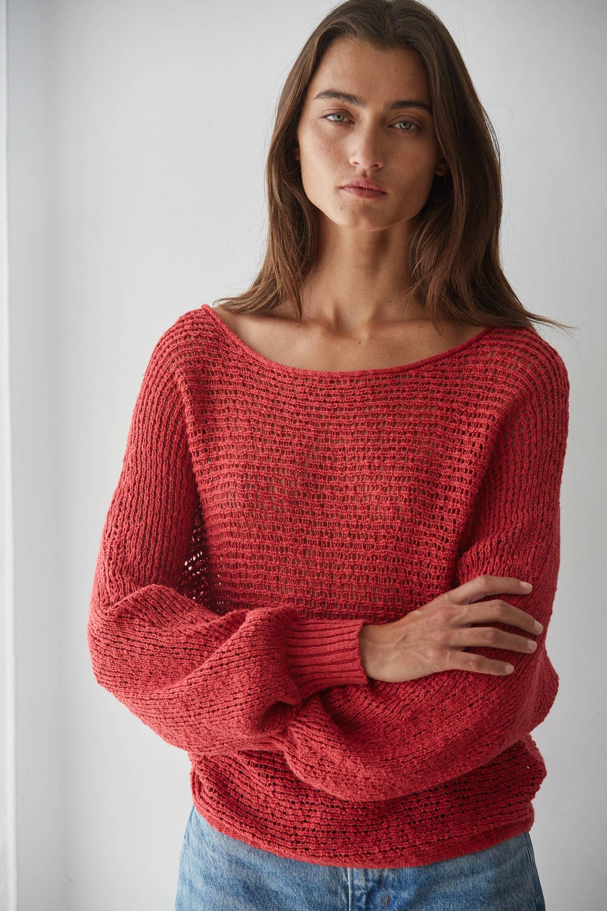 W1106 | Sweater Knit Crochet Round Neck Long Sleeve Top