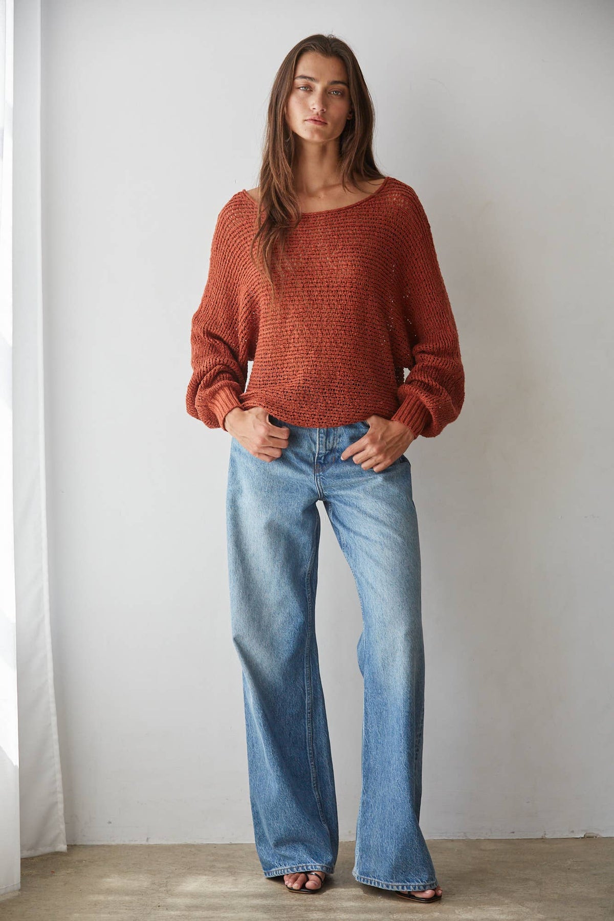 W1106 | Sweater Knit Crochet Round Neck Long Sleeve Top