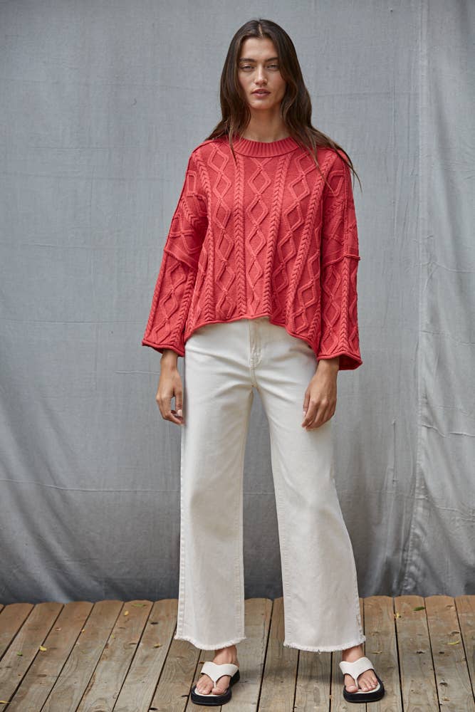 W2280 | Knit Cable Sweater Cotton 3/4 Sleeve Pullover