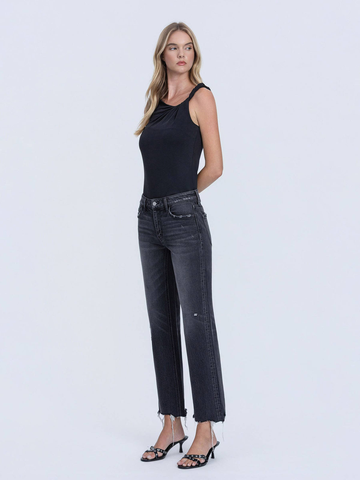 MID RISE RAW DISTRESSED HEM BLACK SLIM WIDE JEANS T7302BK