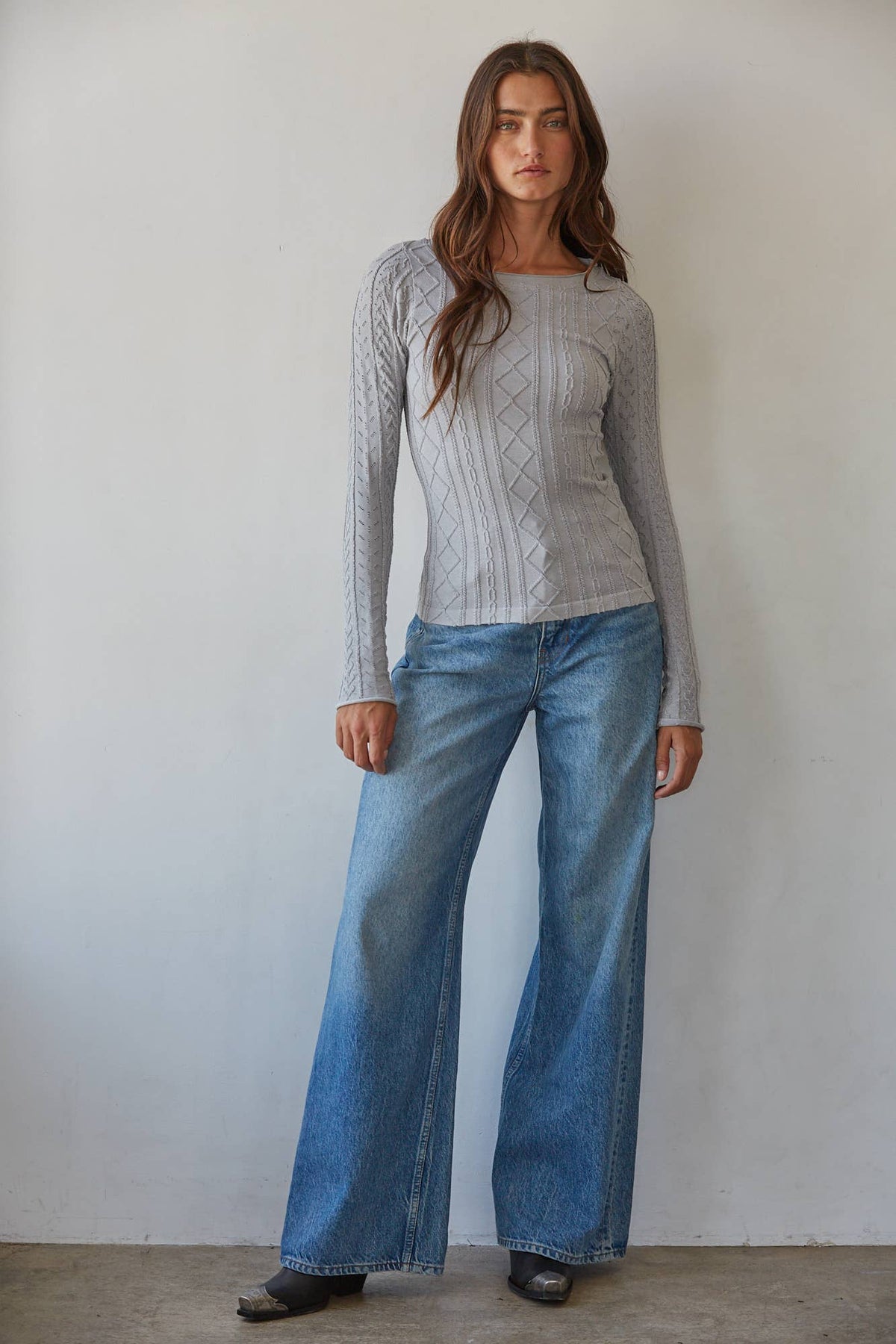 S1327 | Knit Seamless Round Neck Long Sleeve Jacquard Top